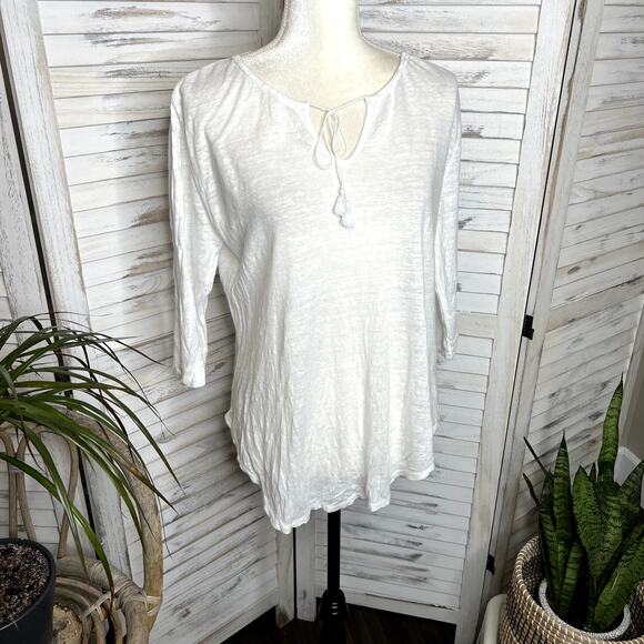 WRAP of LONDON Boho Beachy Linen Tassel Tie Front Casual Top Tunic White US 10 - Picture 4 of 14